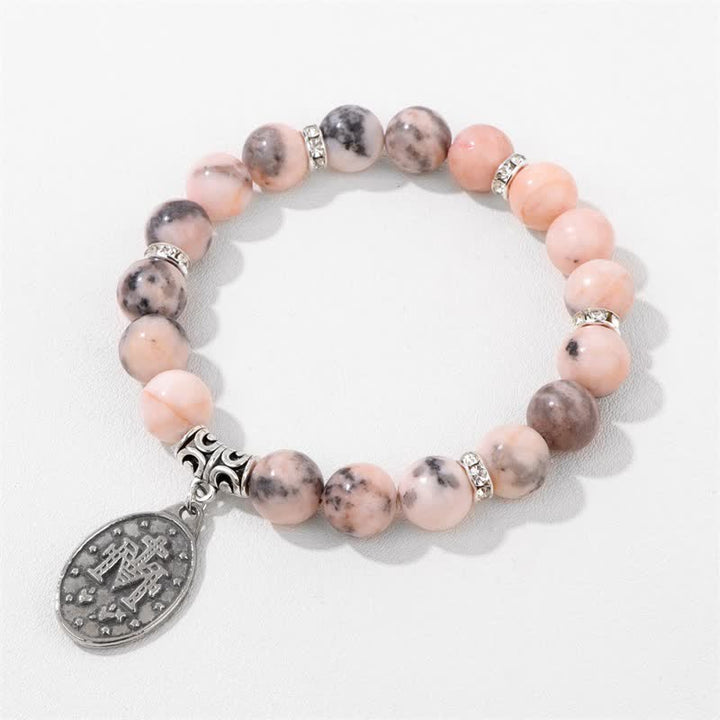 Bracelet pendentif plaque nominative Jésus en perles de tourmaline prune Olivenorma 