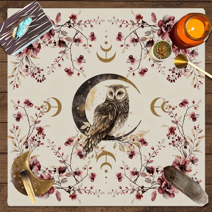 Nappe de tarot en tissu d'autel avec hibou porte-bonheur Olivenorma 