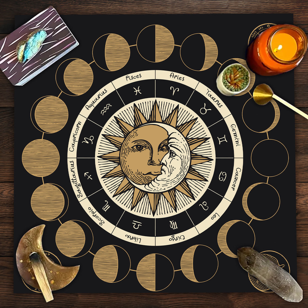 Nappe de tarot du zodiaque avec la roue astrologique des phases de la lune Olivenorma 