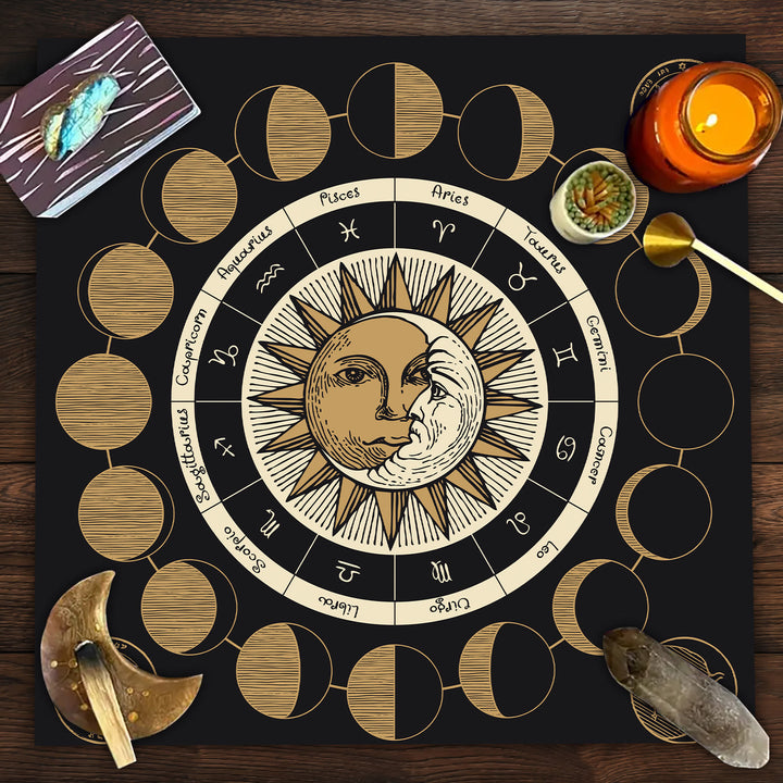 Nappe de tarot du zodiaque avec la roue astrologique des phases de la lune Olivenorma 
