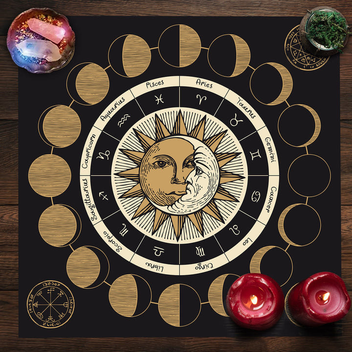 Nappe de tarot du zodiaque avec la roue astrologique des phases de la lune Olivenorma 