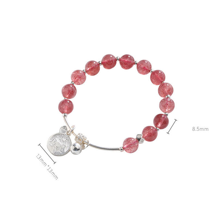 Bracelet pendentif clochette chat en perles de quartz fraise Olivenorma 