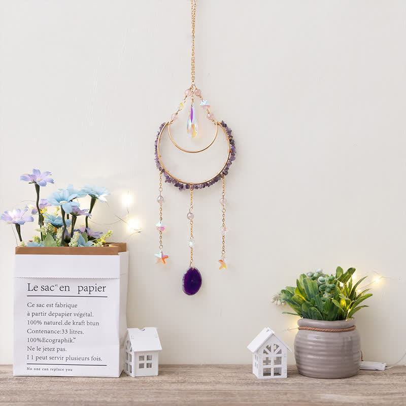 Pendentif lune inversée en améthyste Olivenorma, carillon éolien attrape-soleil