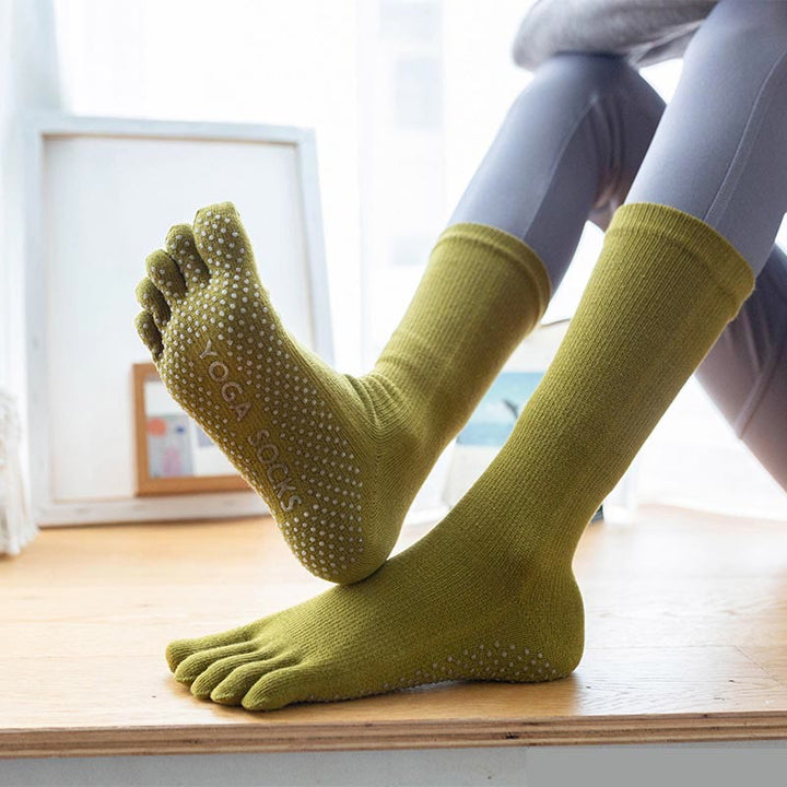 Olivenorma Chaussettes de yoga antidérapantes en coton à cinq orteils pour femmes 