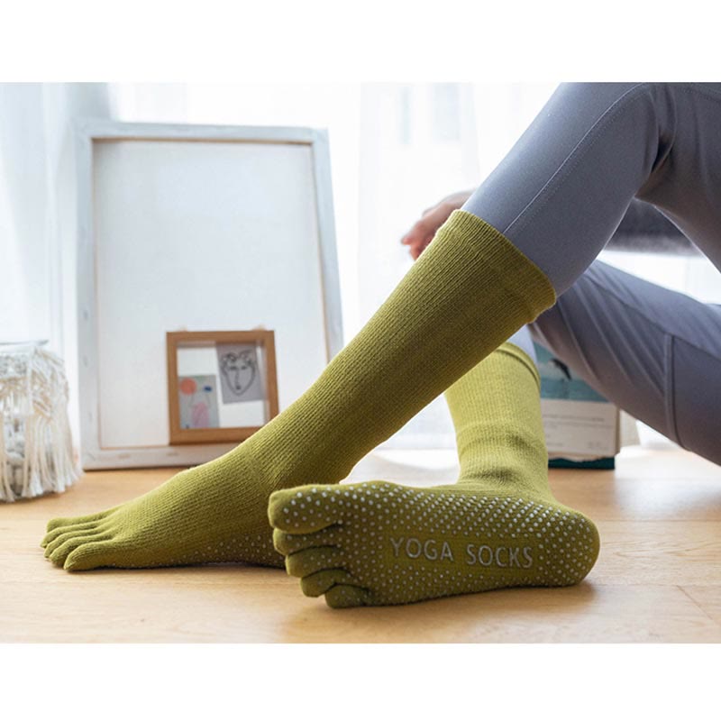 Olivenorma Chaussettes de yoga antidérapantes en coton à cinq orteils pour femmes 