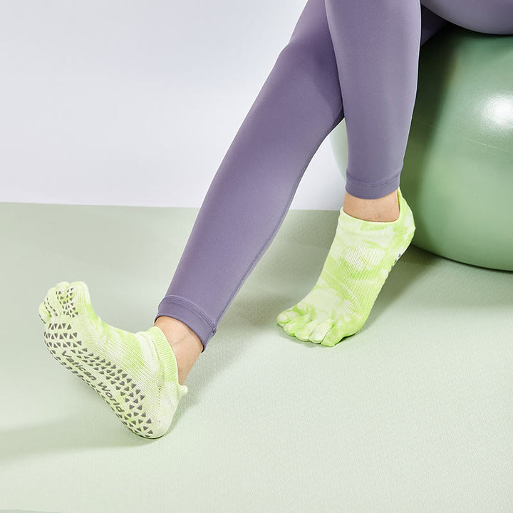 Chaussettes de Pilates montantes Olivenorma Tie-Dye, antidérapantes, respirantes et extensibles, idéales pour le yoga et la barre. - JauneVert - 10 paires - image 7