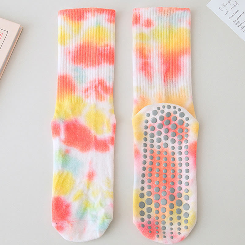 Chaussettes de Pilates et de yoga Olivenorma, modèle mi-haut, à motif tie-dye, antidérapantes et respirantes, avec un design extensible et confortable. - Saumon - 10 paires - image 5