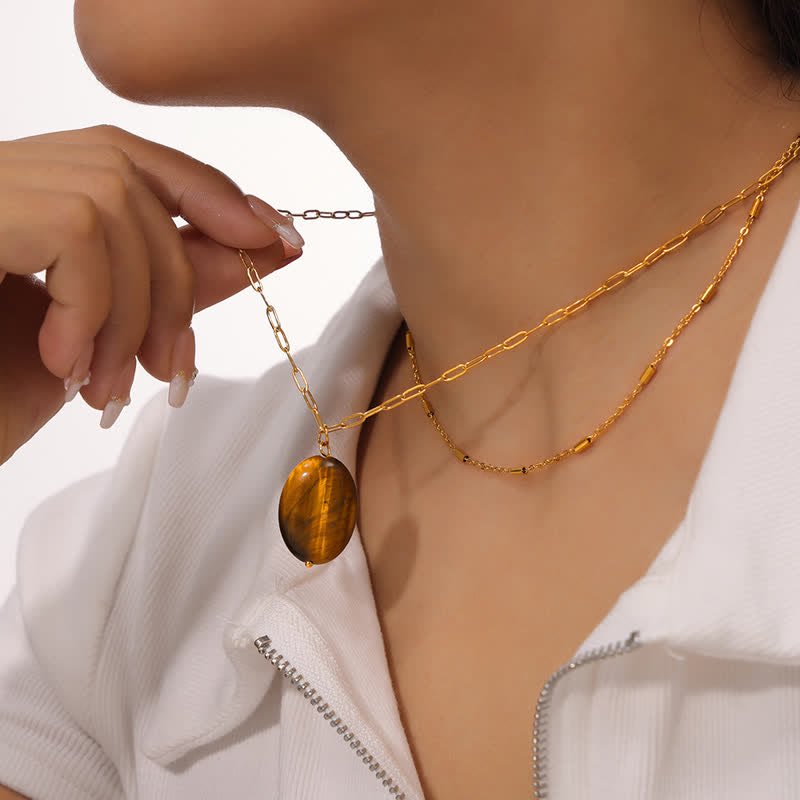 Collier pendentif œil de tigre en pierre naturelle vintage Olivenorma
