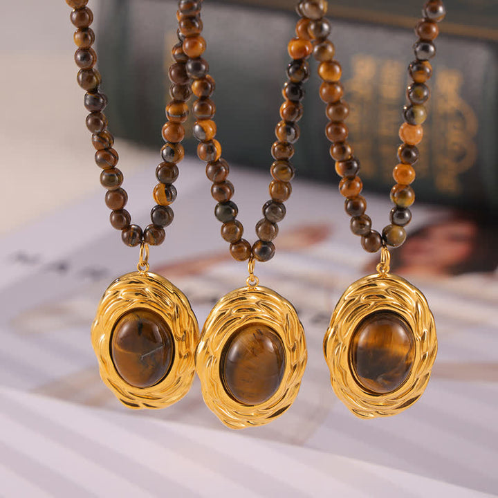 Collier pendentif œil de tigre en pierre naturelle vintage Olivenorma