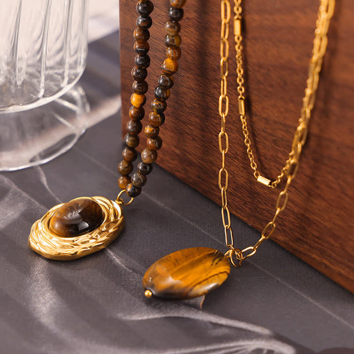 Collier pendentif œil de tigre en pierre naturelle vintage Olivenorma