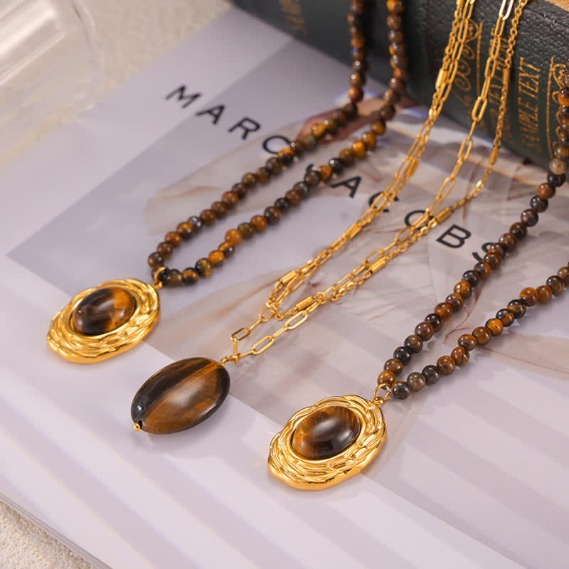 Collier pendentif œil de tigre en pierre naturelle vintage Olivenorma