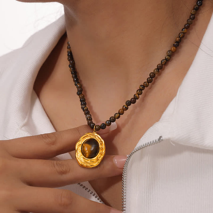 Collier pendentif œil de tigre en pierre naturelle vintage Olivenorma