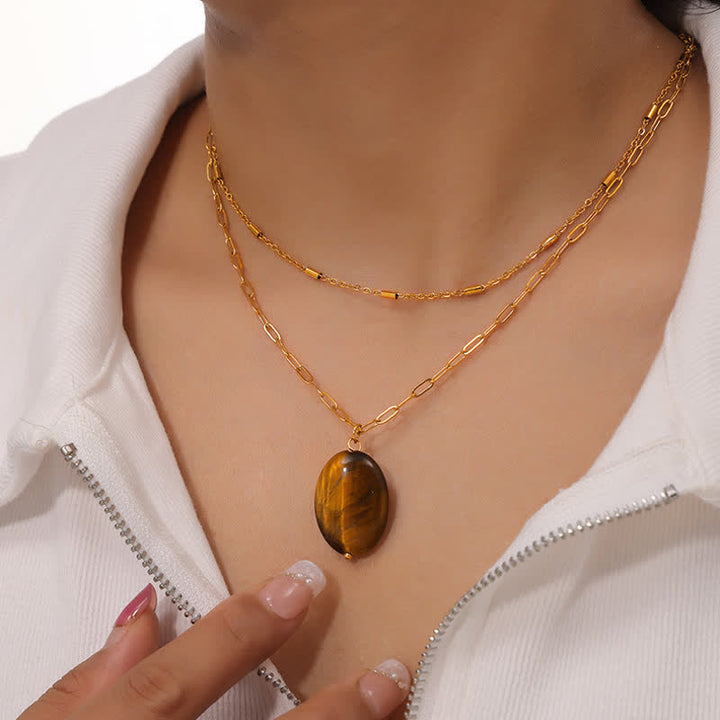 Collier pendentif œil de tigre en pierre naturelle vintage Olivenorma