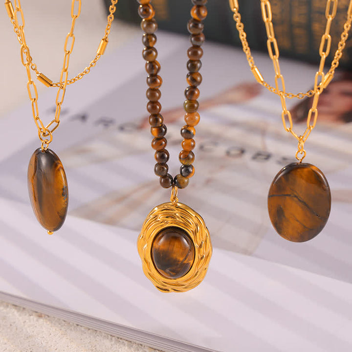 Collier pendentif œil de tigre en pierre naturelle vintage Olivenorma