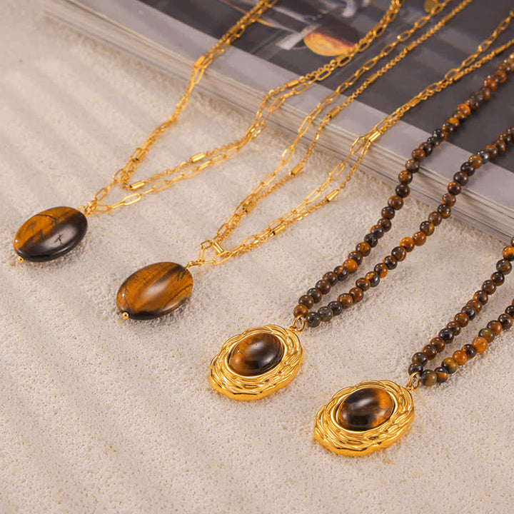 Collier pendentif œil de tigre en pierre naturelle vintage Olivenorma