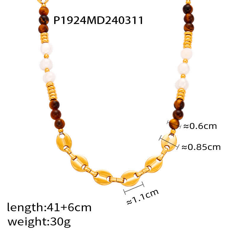 Collier en acier titane et perles d'eau douce en obsidienne œil de tigre Olivenorma 