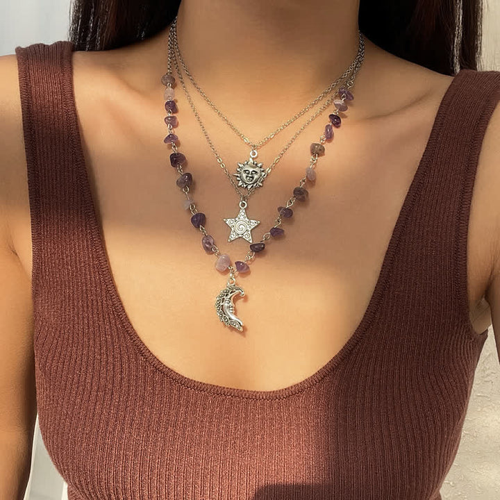 Collier avec pendentif en pierre naturelle étoile lune soleil Olivenorma