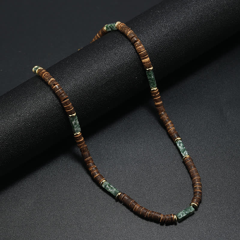 Collier de perles en pierre naturelle et bois de coco marron Olivenorma