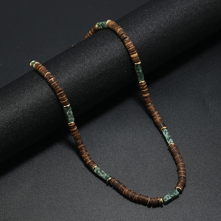 Collier de perles en pierre naturelle et bois de coco marron Olivenorma