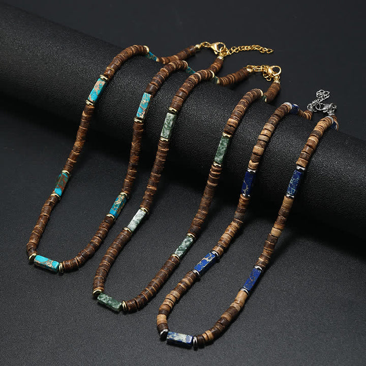 Collier de perles en pierre naturelle et bois de coco marron Olivenorma