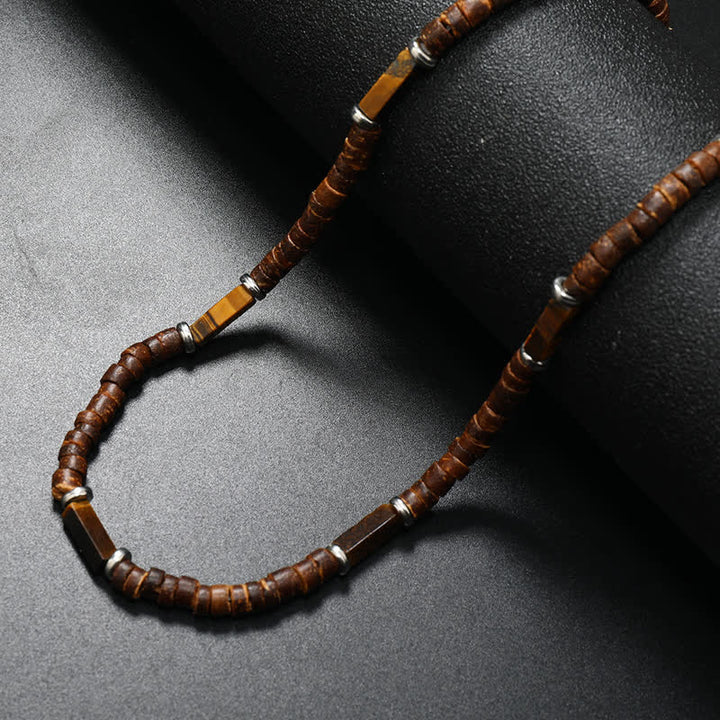 Collier de perles en pierre naturelle et bois de coco marron Olivenorma