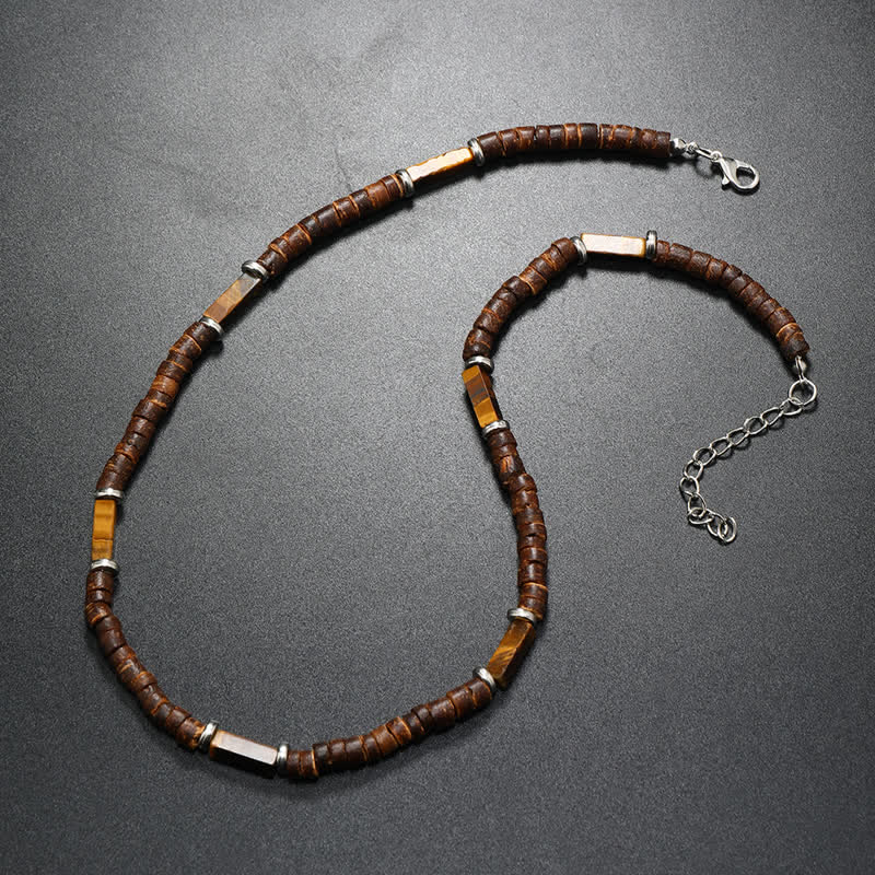 Collier de perles en pierre naturelle et bois de coco marron Olivenorma