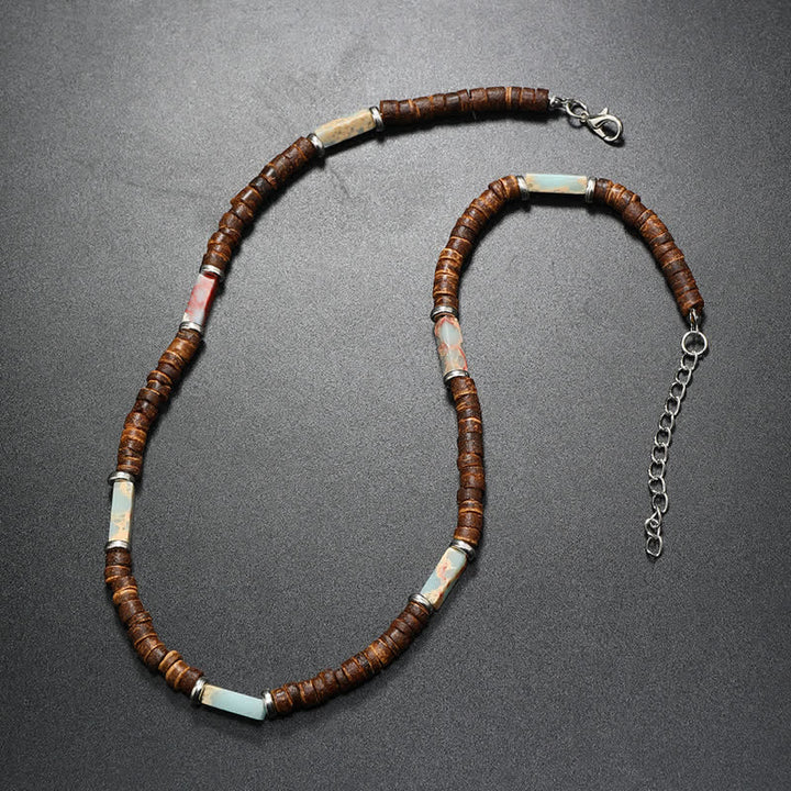 Collier de perles en pierre naturelle et bois de coco marron Olivenorma