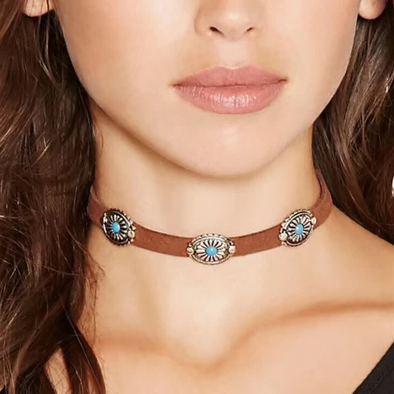 Collier et bracelet en cuir PU style punk avec incrustations de turquoise Olivenorma