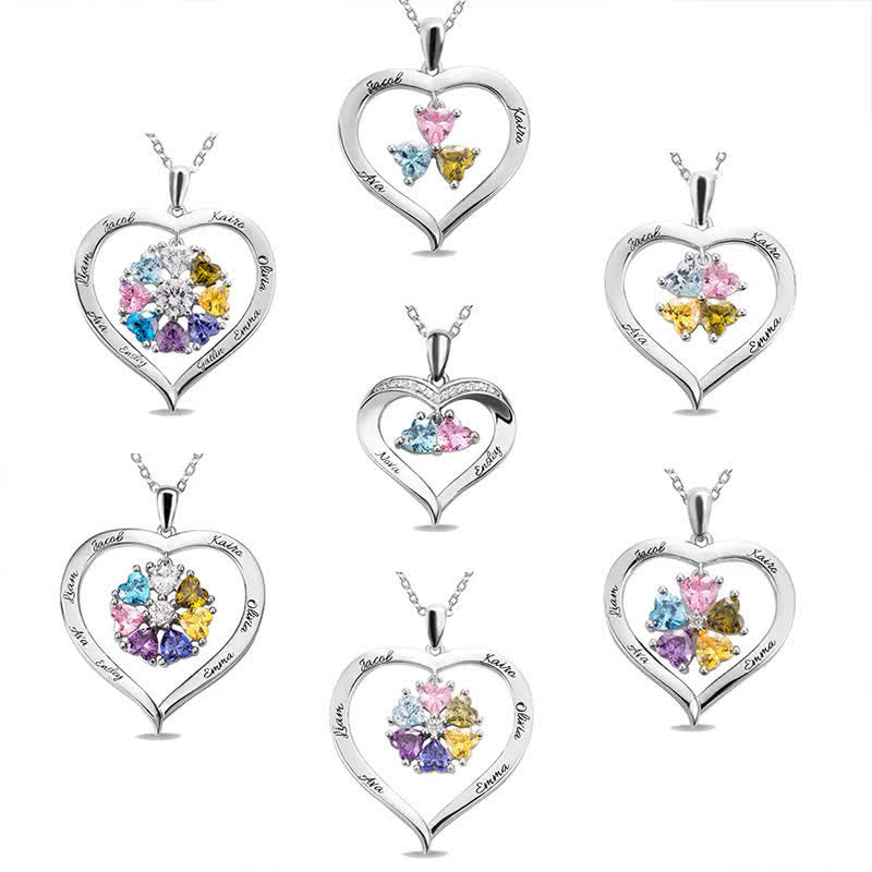 Collier avec pierre de naissance personnalisé en forme de cœur Olivenorma avec 1 à 6 noms gravés