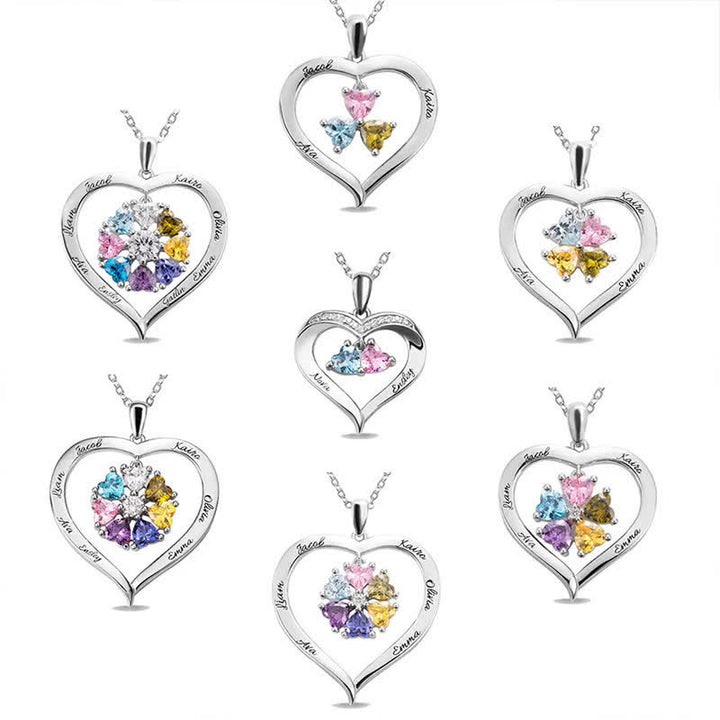 Collier avec pierre de naissance personnalisé en forme de cœur Olivenorma avec 1 à 6 noms gravés