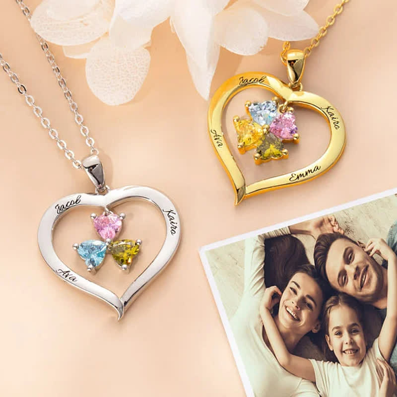 Collier avec pierre de naissance personnalisé en forme de cœur Olivenorma avec 1 à 6 noms gravés