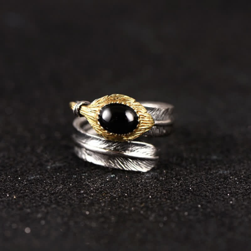 Bague ouverte en argent S925 en forme de plume incurvée Olivenorma - Obsidienne - image 15