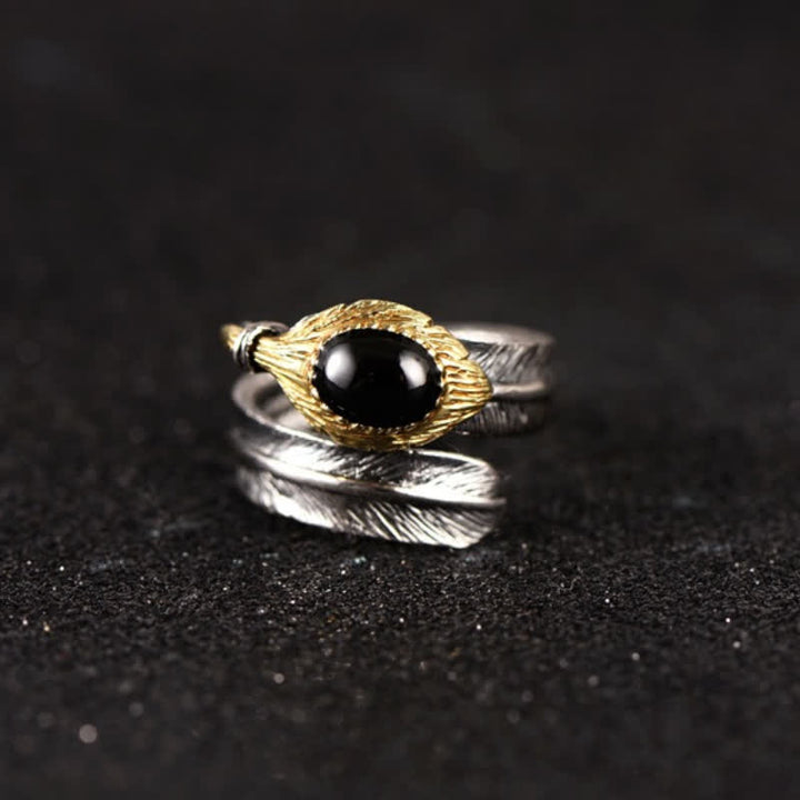 Bague ouverte en argent S925 en forme de plume incurvée Olivenorma - Obsidienne - image 15
