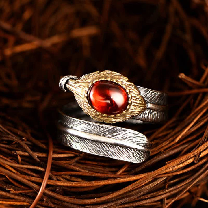 Bague ouverte en argent S925 en forme de plume incurvée Olivenorma - Grenat - image 0