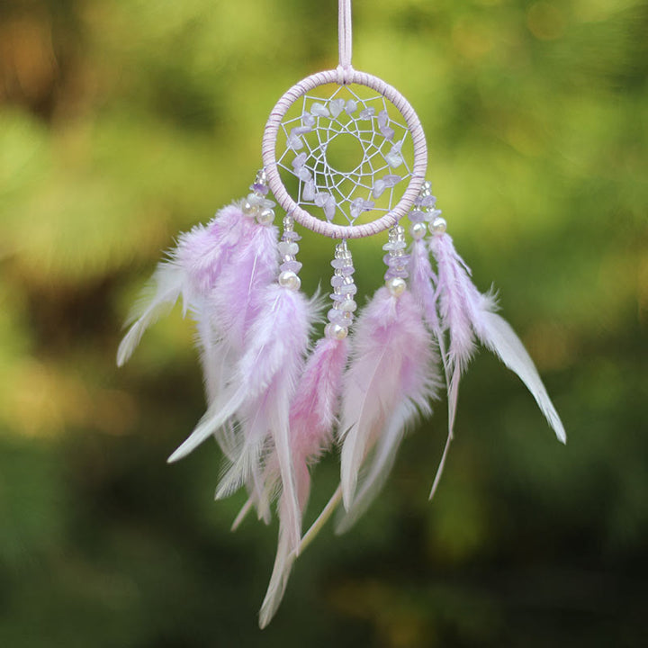 Ornement attrape-rêves en plumes d'améthyste et quartz rose naturel Olivenorma
