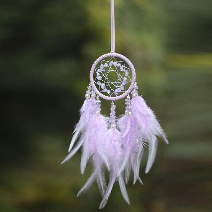Ornement attrape-rêves en plumes d'améthyste et quartz rose naturel Olivenorma
