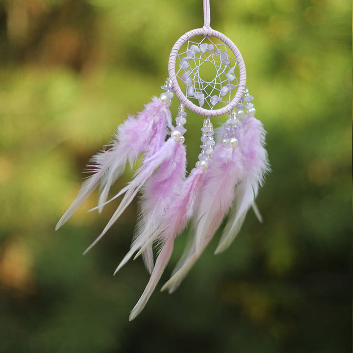 Ornement attrape-rêves en plumes d'améthyste et quartz rose naturel Olivenorma