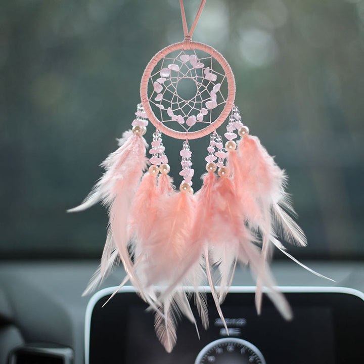 Ornement attrape-rêves en plumes d'améthyste et quartz rose naturel Olivenorma