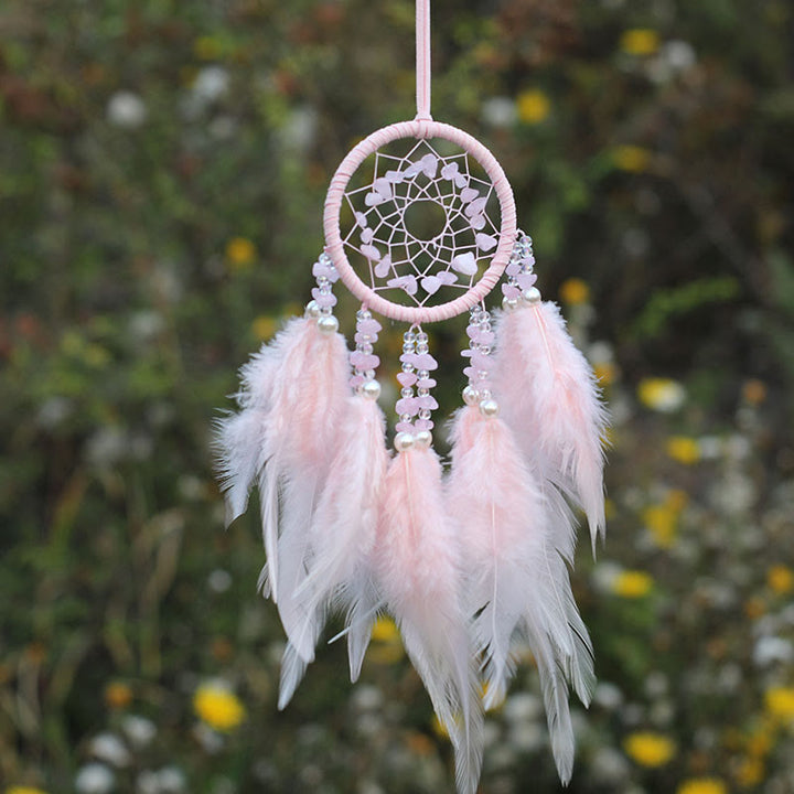Ornement attrape-rêves en plumes d'améthyste et quartz rose naturel Olivenorma