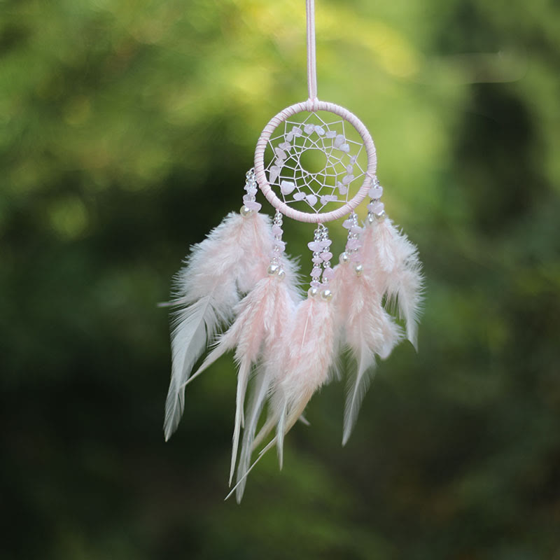 Ornement attrape-rêves en plumes d'améthyste et quartz rose naturel Olivenorma