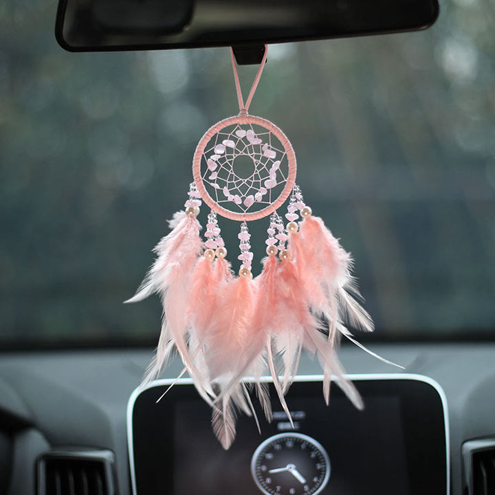 Ornement attrape-rêves en plumes d'améthyste et quartz rose naturel Olivenorma
