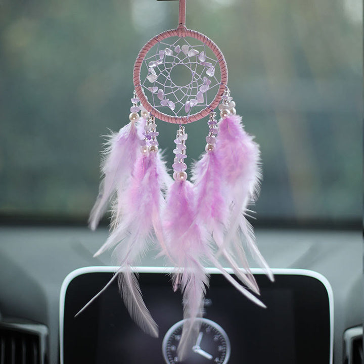 Ornement attrape-rêves en plumes d'améthyste et quartz rose naturel Olivenorma