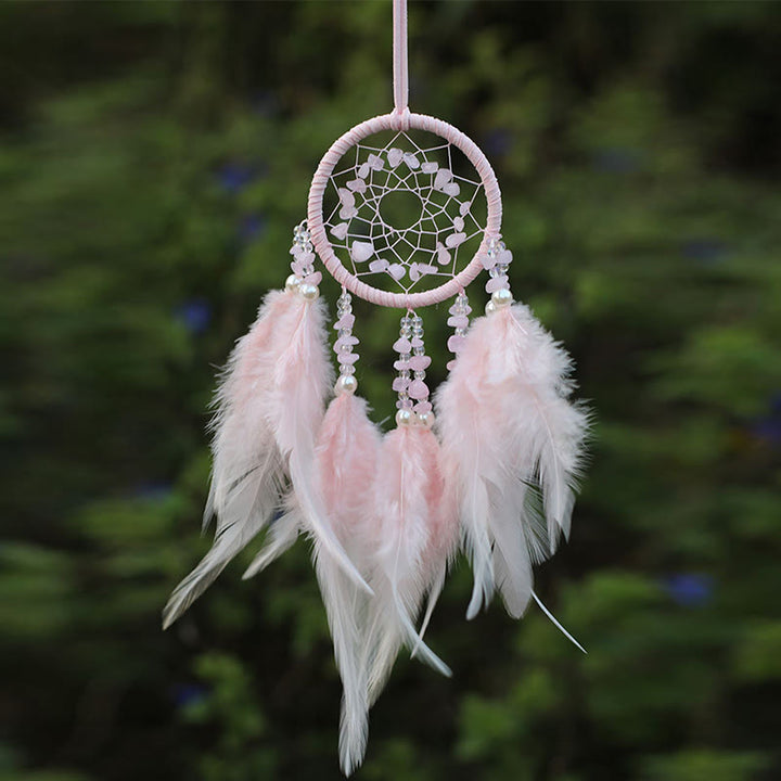 Ornement attrape-rêves en plumes d'améthyste et quartz rose naturel Olivenorma