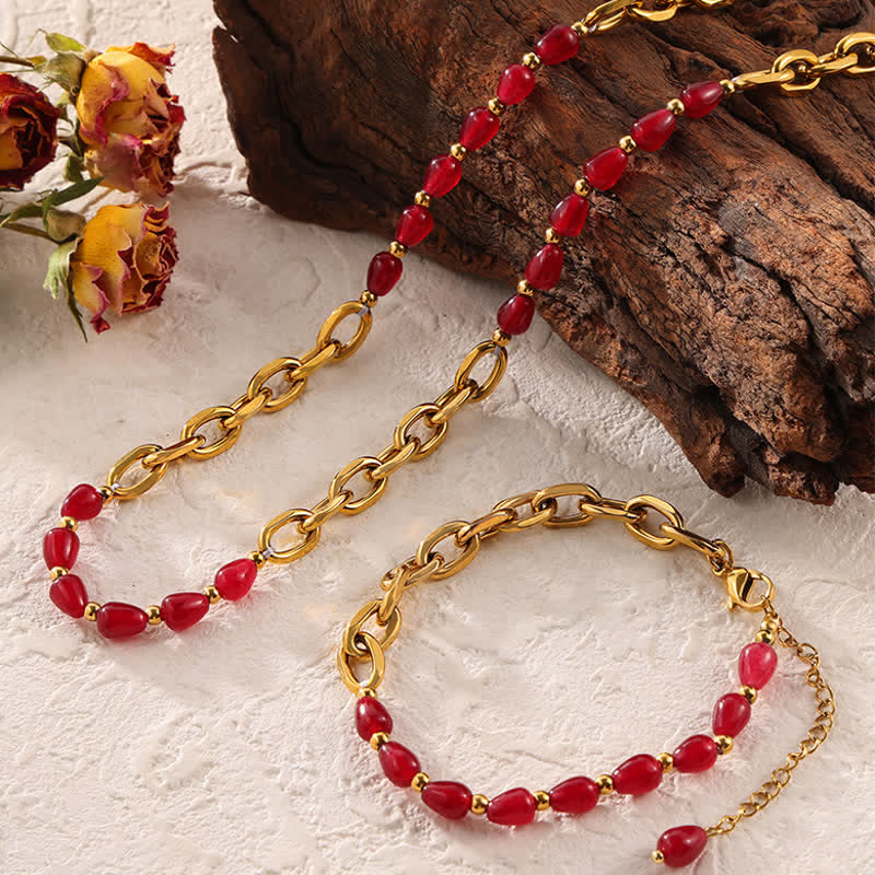 Ensemble de bijoux en acier titane avec collier en agate rouge naturelle Olivenorma 