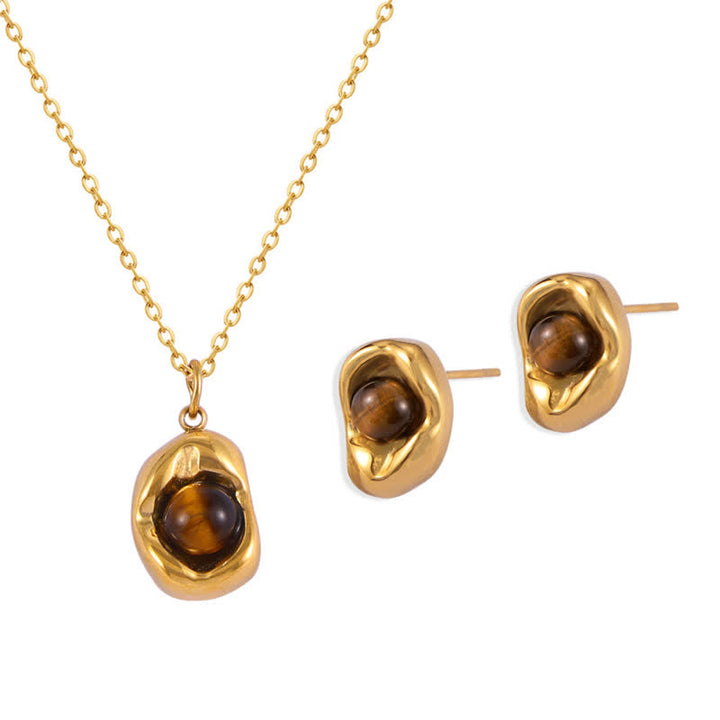 Ensemble de bijoux en acier titane irrégulier avec œil de tigre naturel Olivenorma