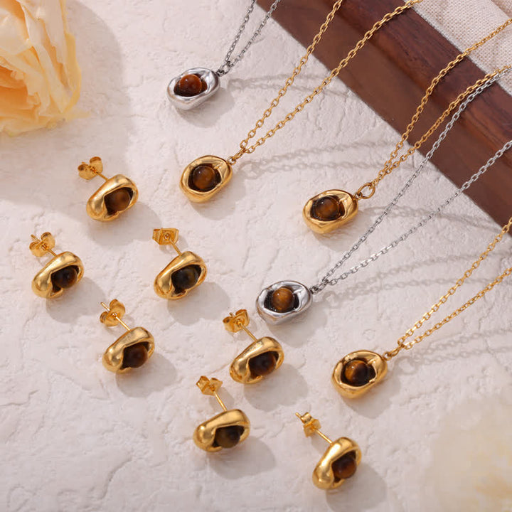 Ensemble de bijoux en acier titane irrégulier avec œil de tigre naturel Olivenorma
