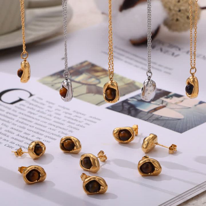 Ensemble de bijoux en acier titane irrégulier avec œil de tigre naturel Olivenorma