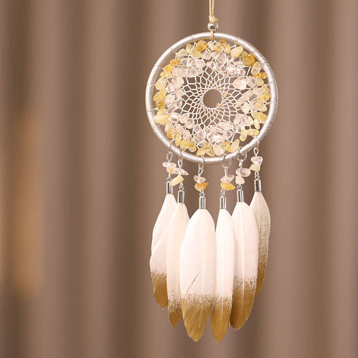 Attrape-rêves en plumes tressées avec perles en cristal transparent citrine Olivenorma