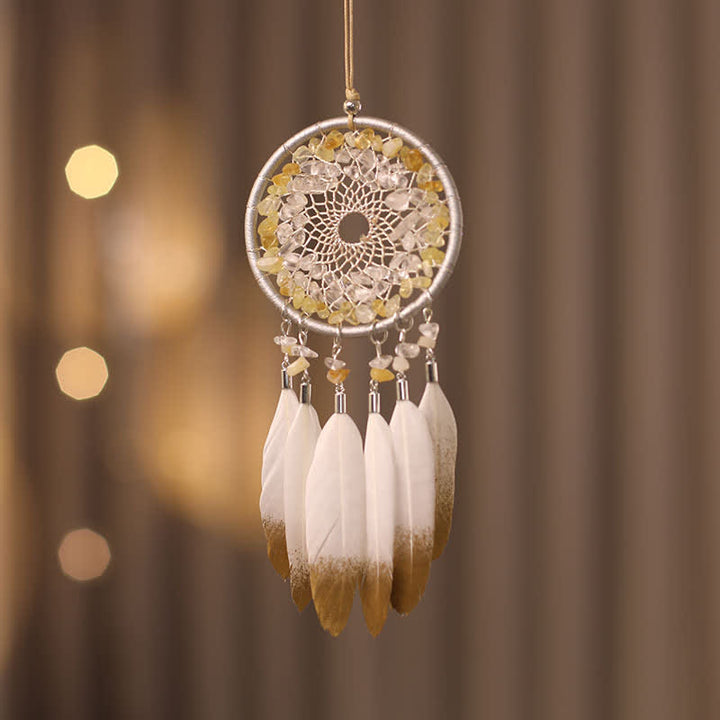 Attrape-rêves en plumes tressées avec perles en cristal transparent citrine Olivenorma