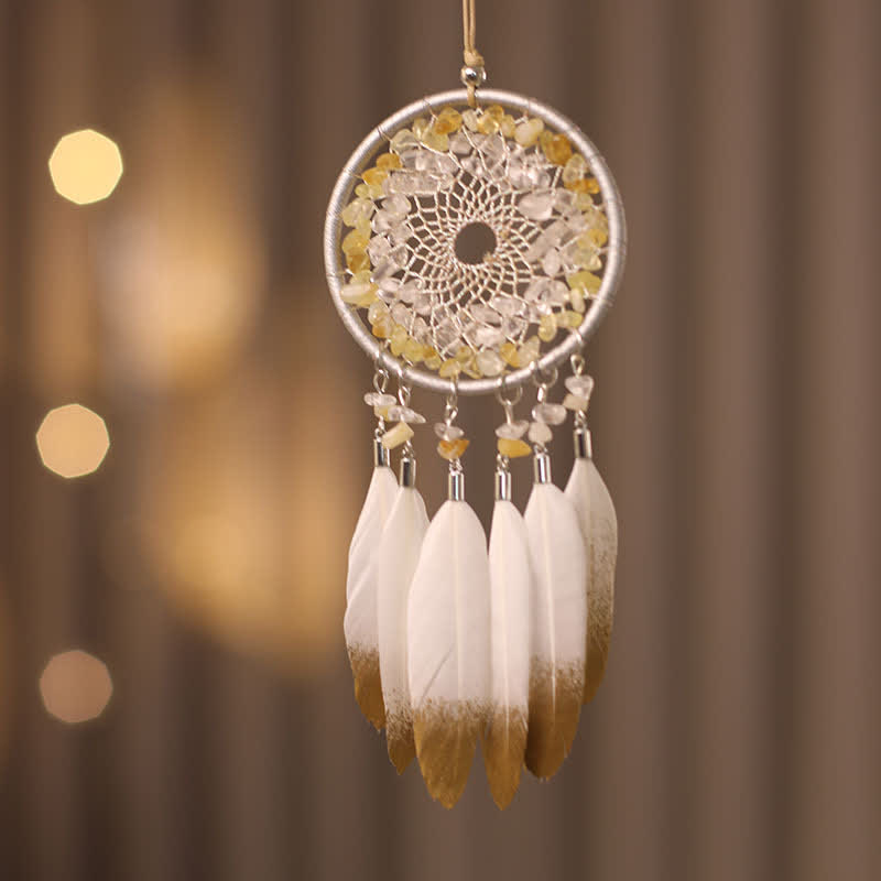 Attrape-rêves en plumes tressées avec perles en cristal transparent citrine Olivenorma